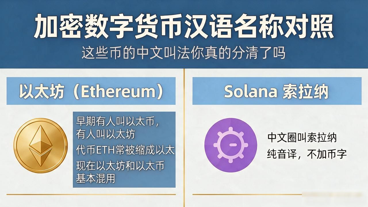 比特币以太坊索拉纳官方叫法_主流加密货币中文名称对照表_加密数字货币汉语名称
